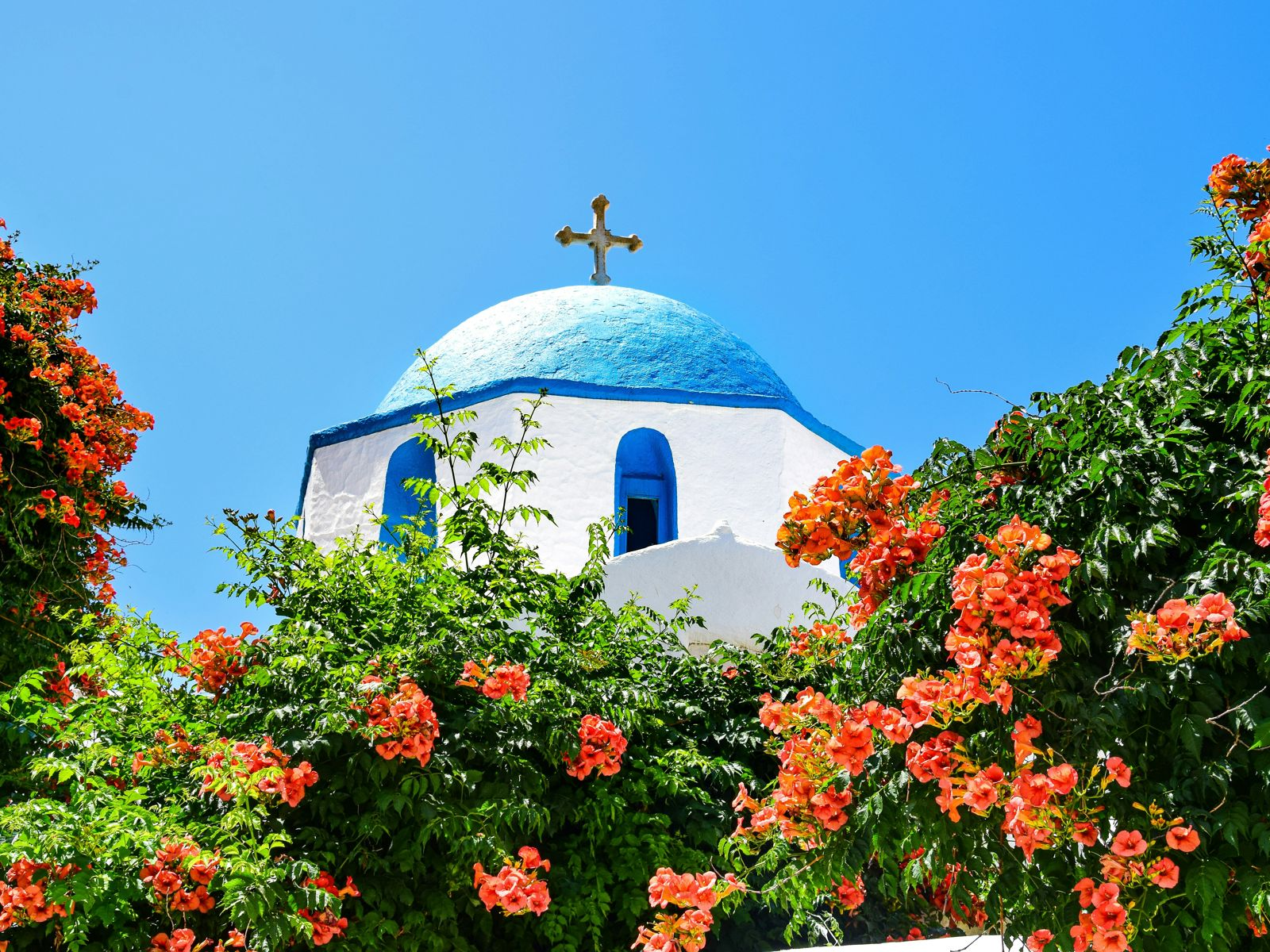 Greek church tower with blue roof surrounded by greenery and beautiful flowers