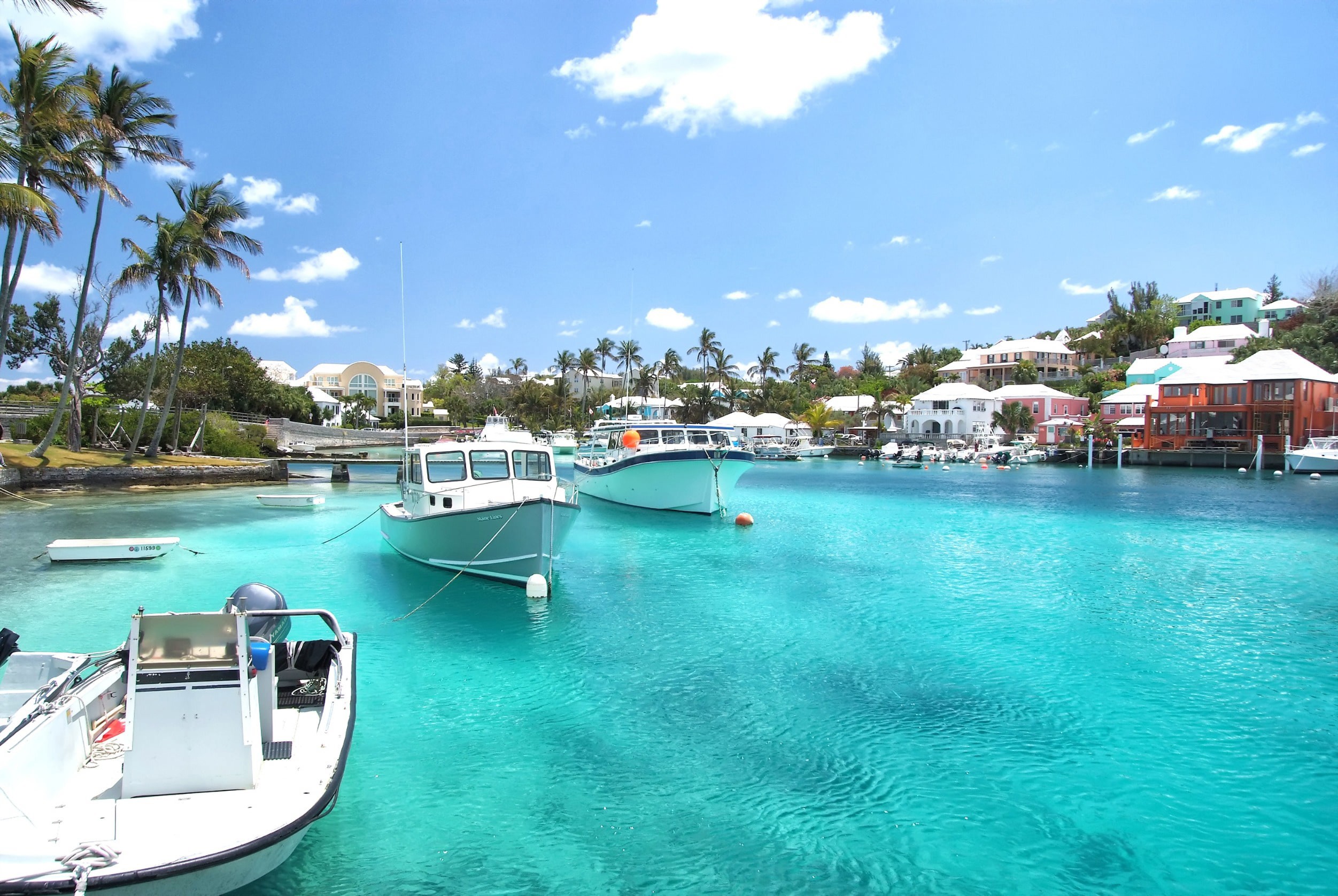 Panoramaudsigt over turkisblåt vand i en lille havn med både og bygninger på Bermuda