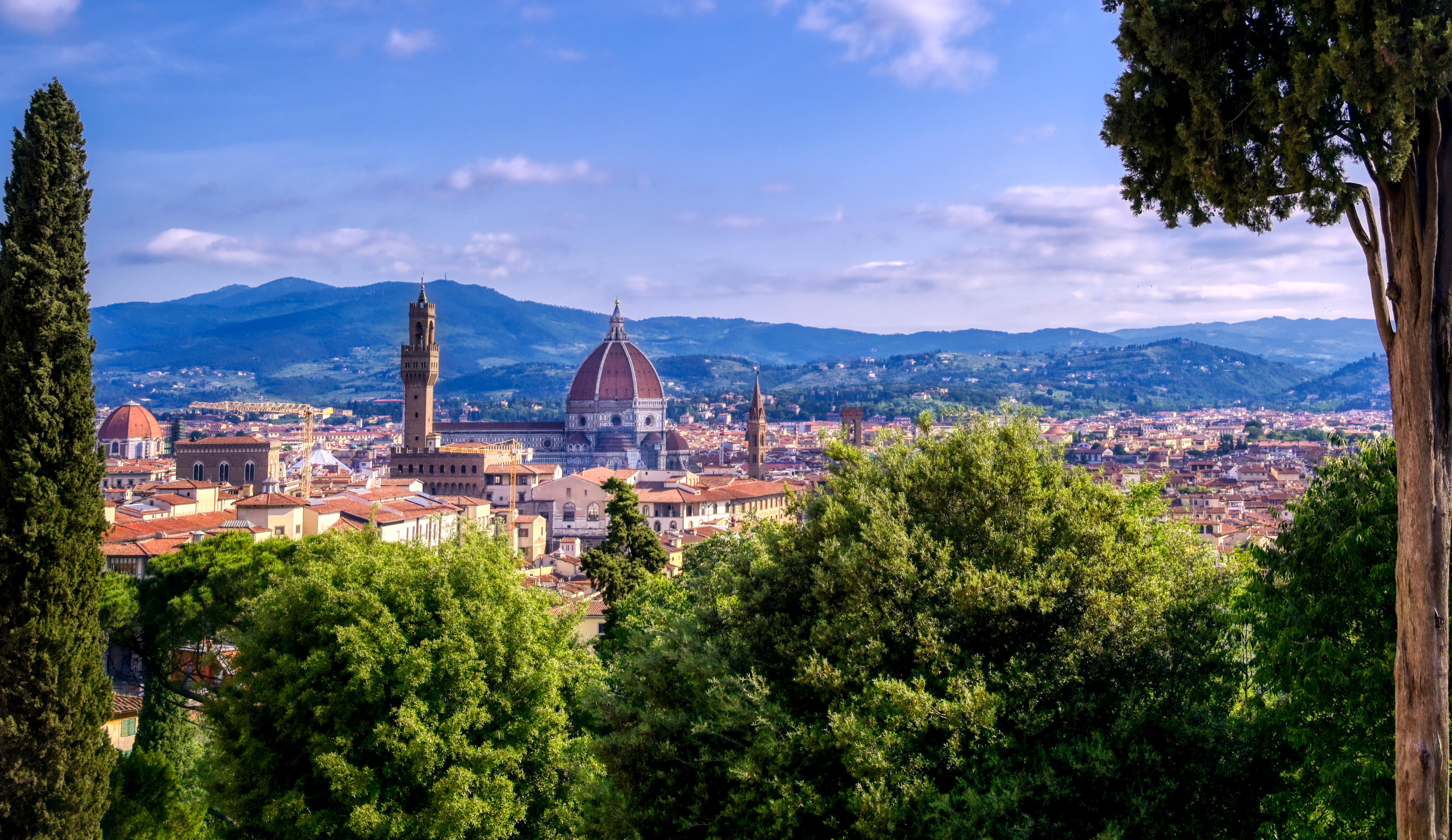 Rejs til Firenze - Udsigt fra en højde over Firenze i Italien, hvor frodige træer møder byen med berømt kirke og blå himmel i baggrunden