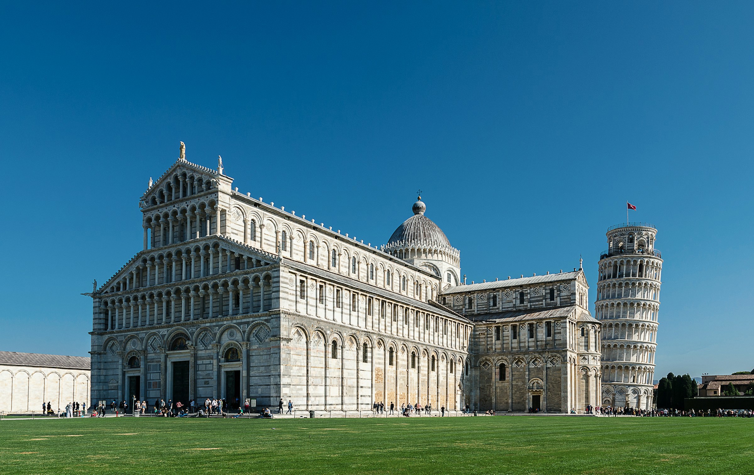 Det berømte skæve tårn i Pisa står på en grøn græsplæne med en kyra ved siden af mod en blå himmel