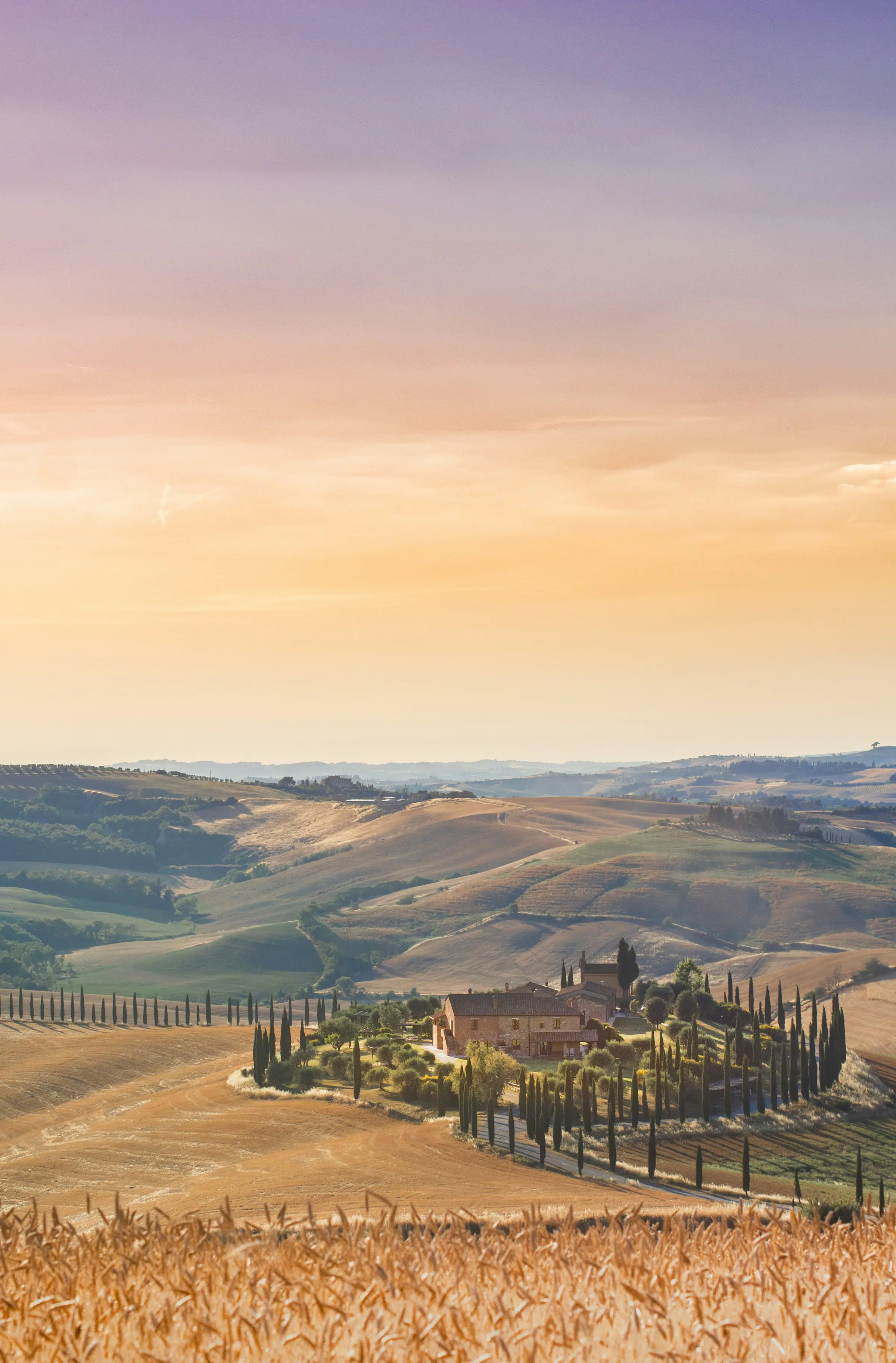 Sunset over rolling hills in Tuscany, Italy, with a traditional farmhouse surrounded by cypress trees and golden fields.